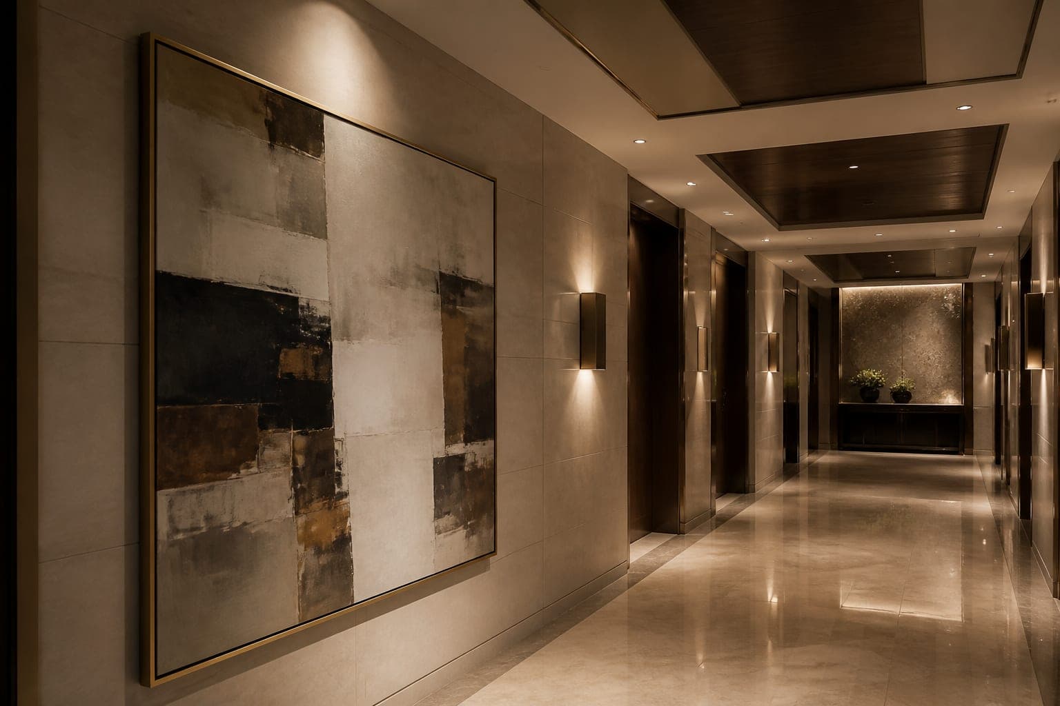 A long hotel corridor prepared as a quiet hang